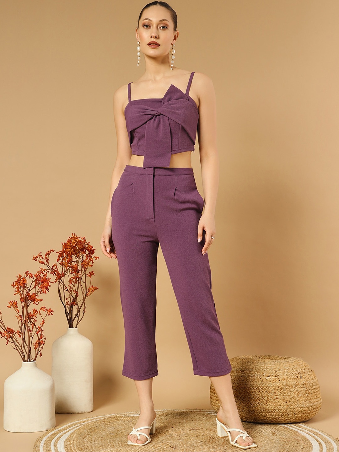 

WoowZerz Women Shoulder strap Top & Trousers Co-Ords, Lavender