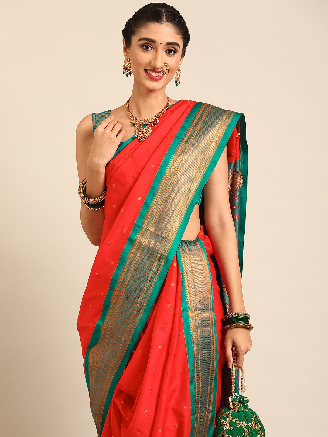 

Varkala Silk Sarees Ethnic Motifs Zari Nauvari Paithani Saree, Red