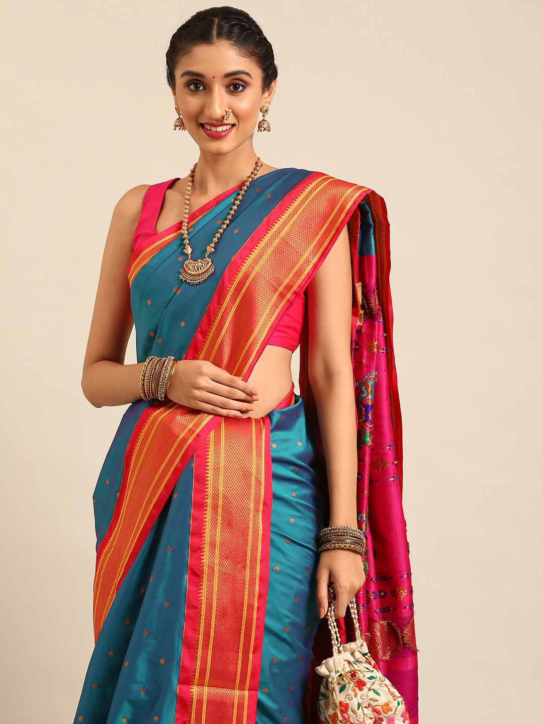 

Varkala Silk Sarees Ethnic Motifs Zari Nauvari Paithani Saree, Teal