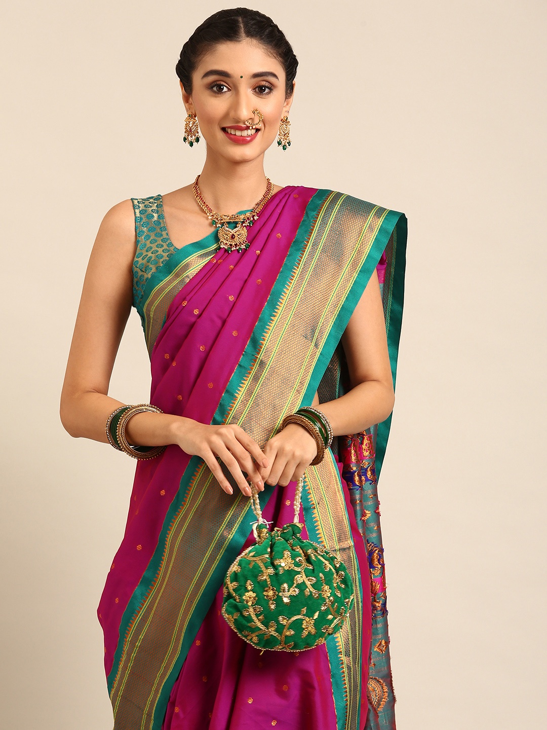 

Varkala Silk Sarees Ethnic Motifs Zari Nauvari Paithani Saree, Magenta