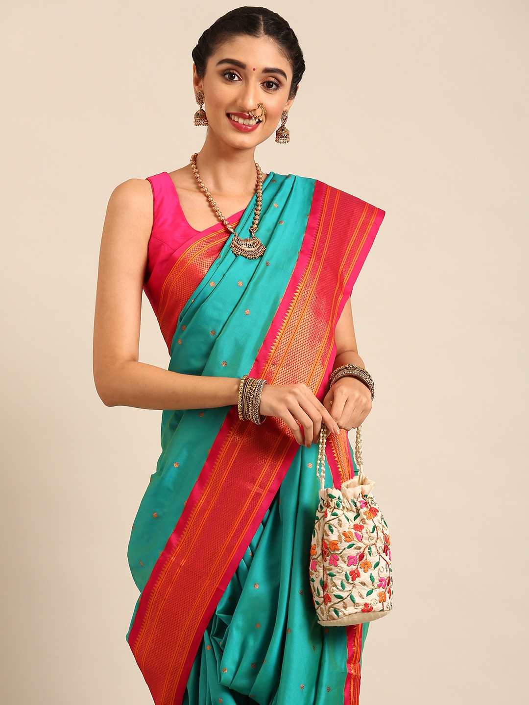 

Varkala Silk Sarees Ethnic Motifs Zari Nauvari Paithani Saree, Turquoise blue
