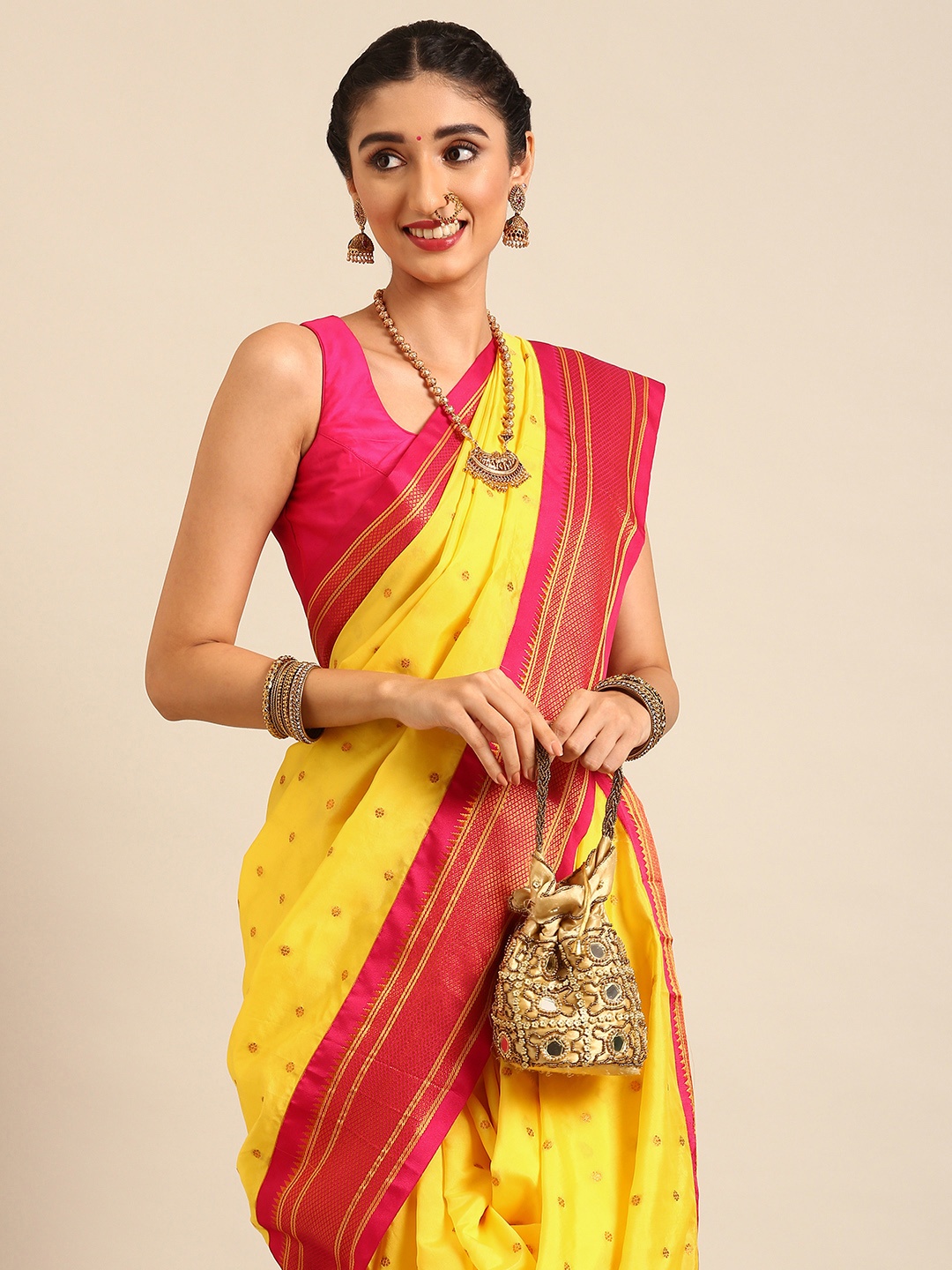 

Varkala Silk Sarees Ethnic Motifs Zari Nauvari Paithani Saree, Yellow
