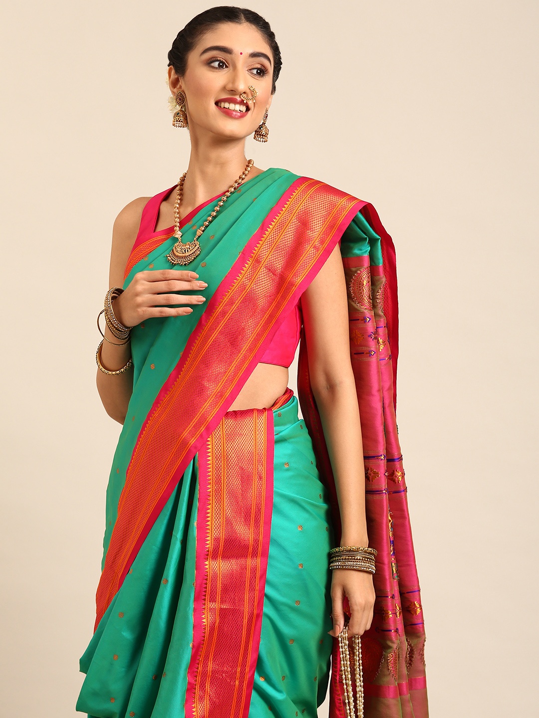 

Varkala Silk Sarees Ethnic Motifs Zari Nauvari Paithani Saree, Sea green