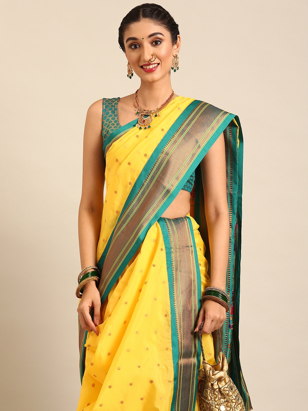 

Varkala Silk Sarees Ethnic Motifs Zari Nauvari Paithani Saree, Yellow