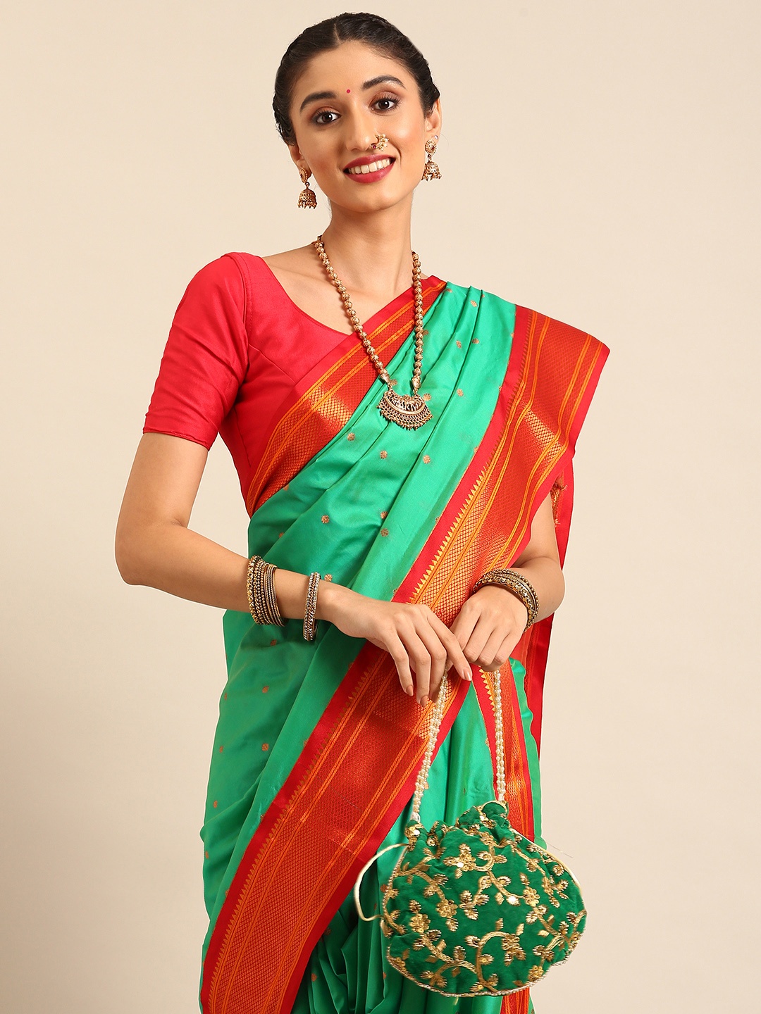 

Varkala Silk Sarees Ethnic Motifs Zari Nauvari Paithani Saree, Sea green