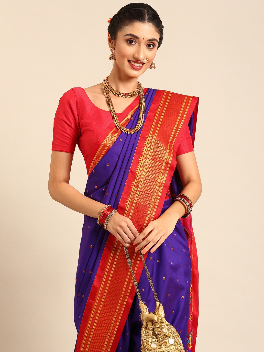 

Varkala Silk Sarees Ethnic Motifs Zari Nauvari Paithani Saree, Violet