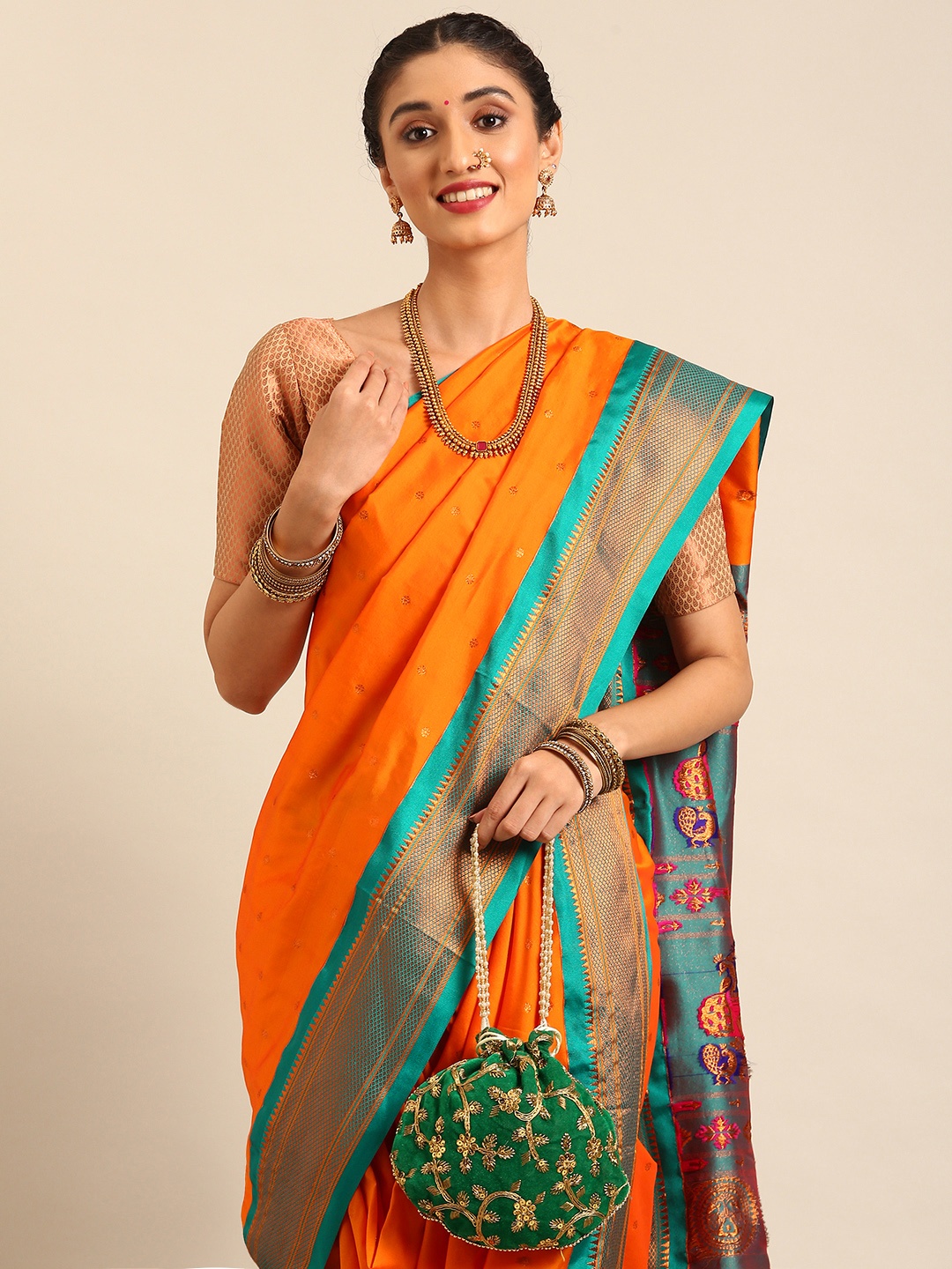 

Varkala Silk Sarees Ethnic Motifs Zari Nauvari Paithani Saree, Orange