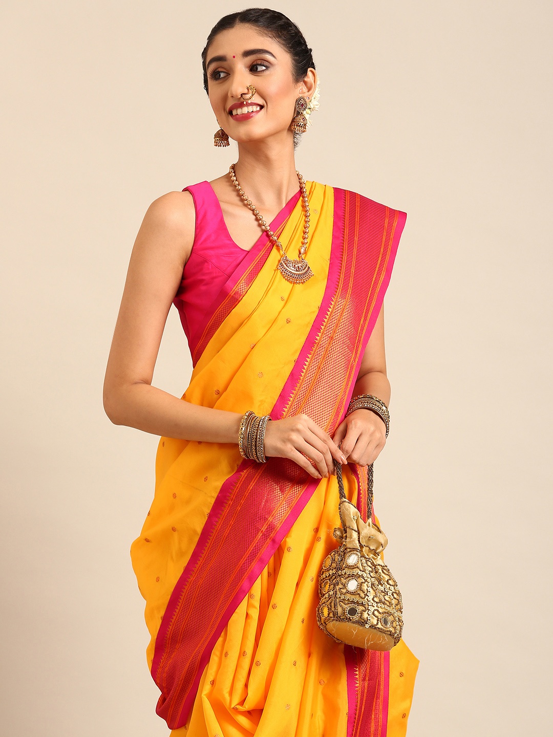 

Varkala Silk Sarees Ethnic Motifs Zari Nauvari Paithani Saree, Yellow