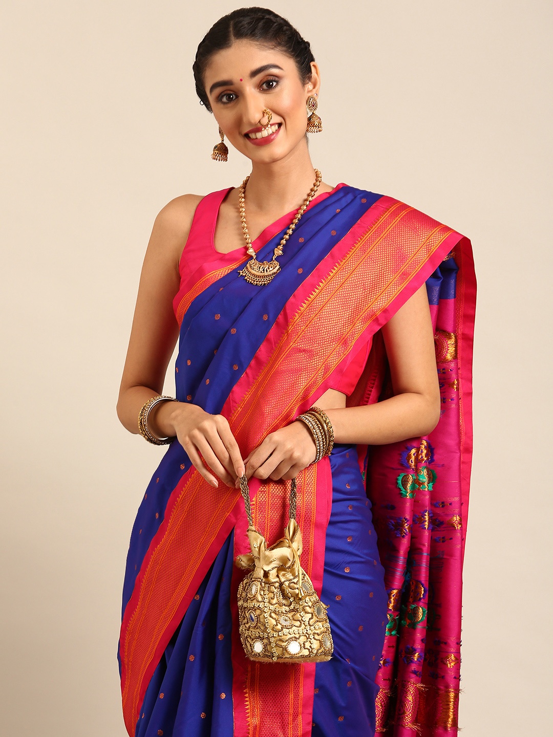 

Varkala Silk Sarees Ethnic Motifs Zari Nauvari Paithani Saree, Blue