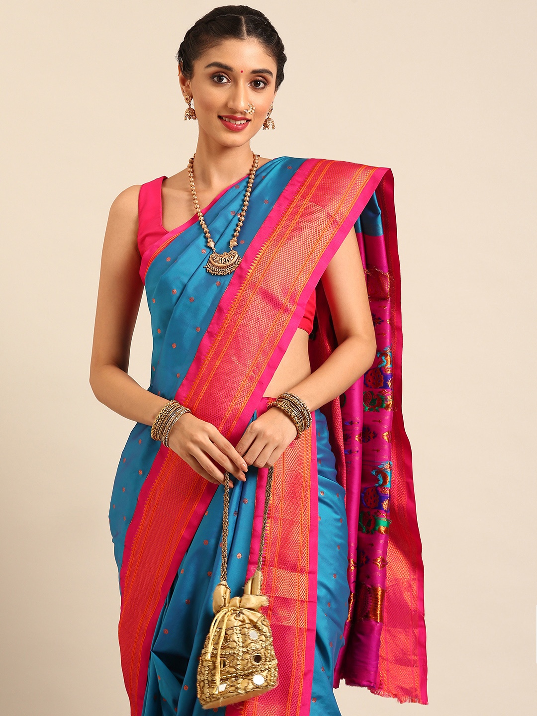 

Varkala Silk Sarees Ethnic Motifs Zari Nauvari Paithani Saree, Turquoise blue