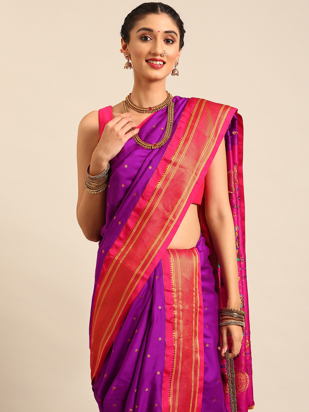 

Varkala Silk Sarees Ethnic Motifs Zari Nauvari Paithani Saree, Purple