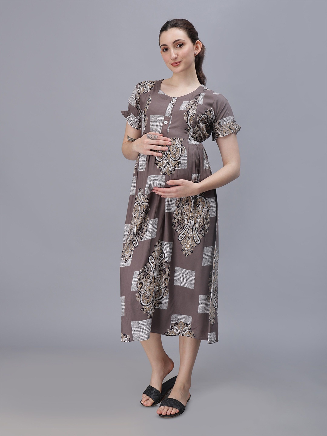 

NIGHTSPREE Floral Print Maternity Empire Midi Dress, Grey