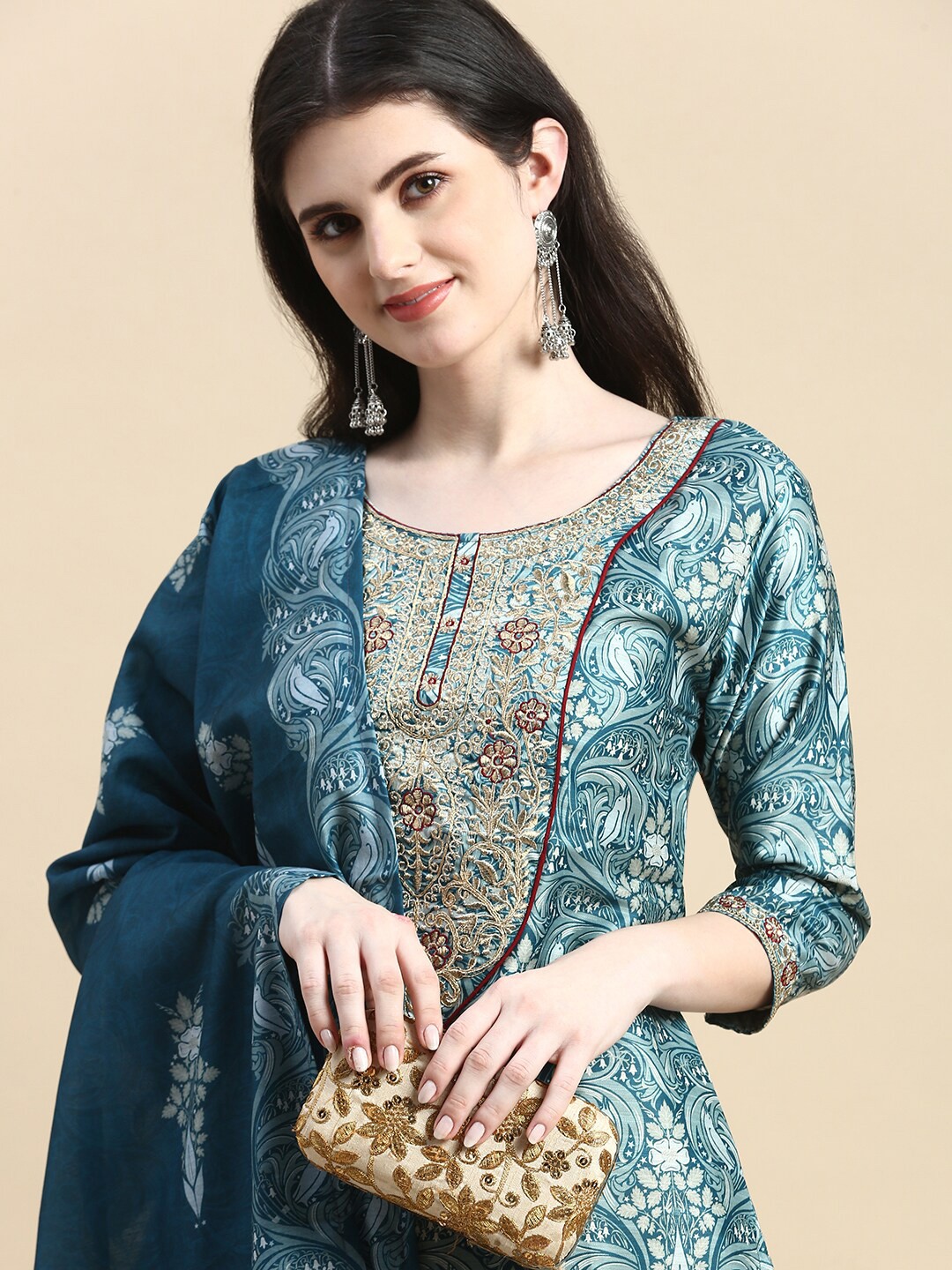 

GRANTH FASHION Woven Design Thread Work Pure Silk Kurti, Blue
