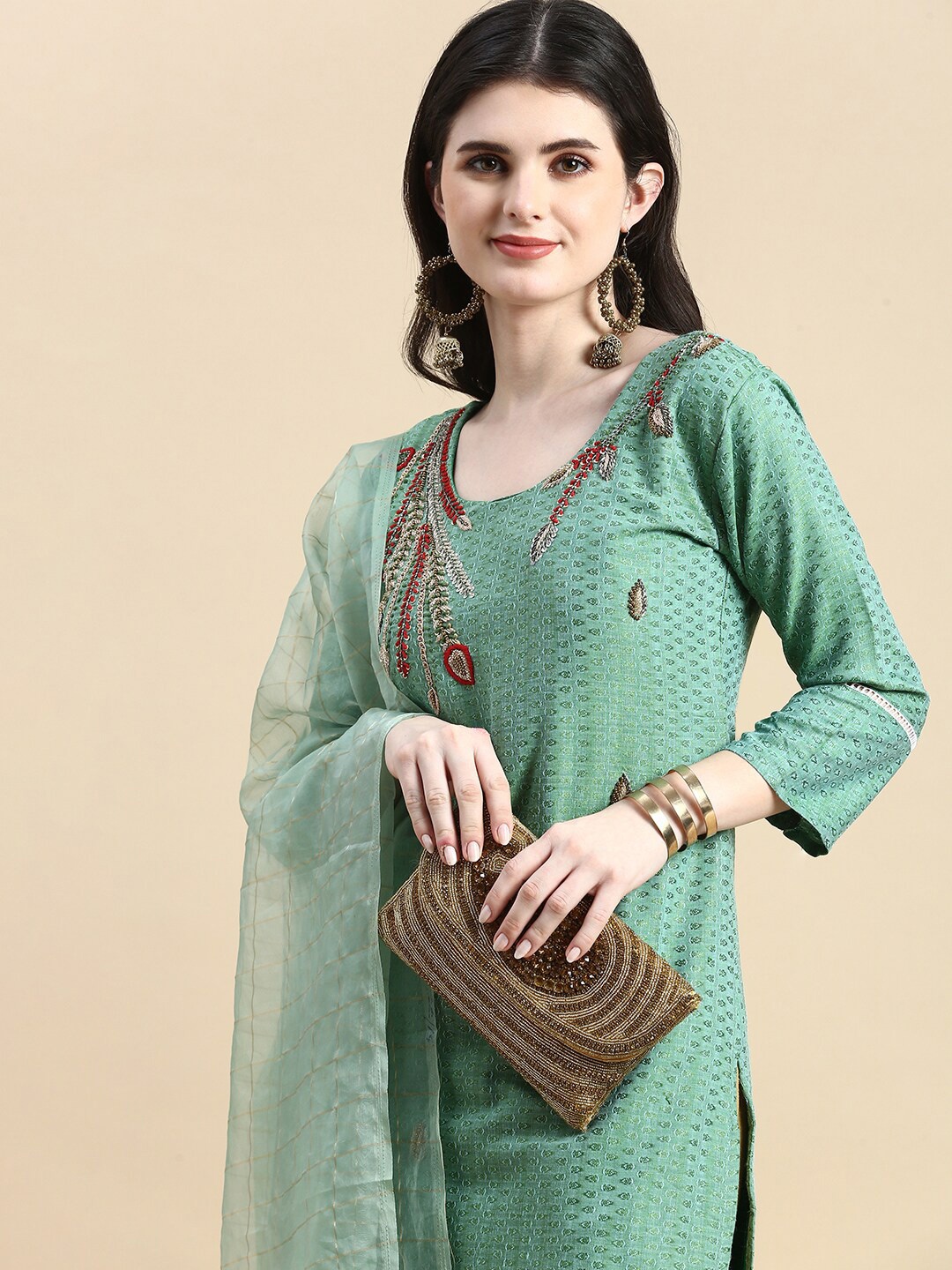 

GRANTH FASHION Embellished Straight Kurta With Dupatta, Green