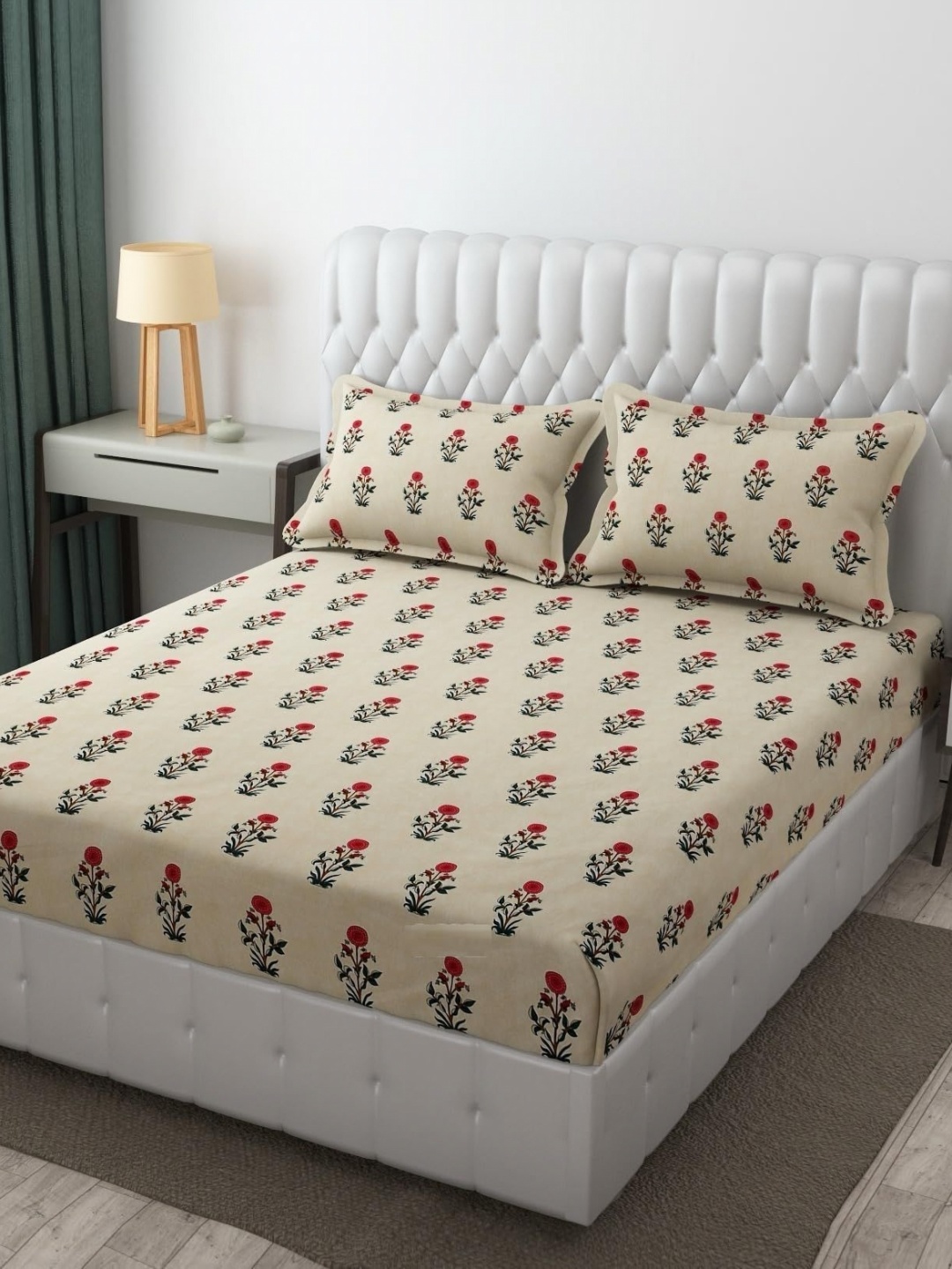 

RRC Maroon & Cream-Coloured Floral 144 TC King Bedsheet with 2 Pillow Covers