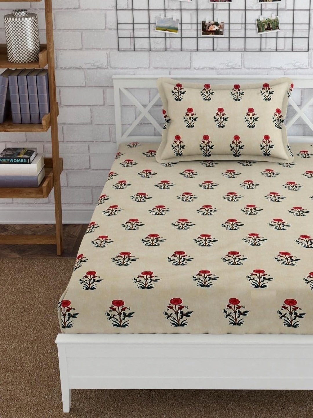 

RRC Maroon & Cream-Coloured Floral 144 TC Single Bedsheet with 1 Pillow Covers