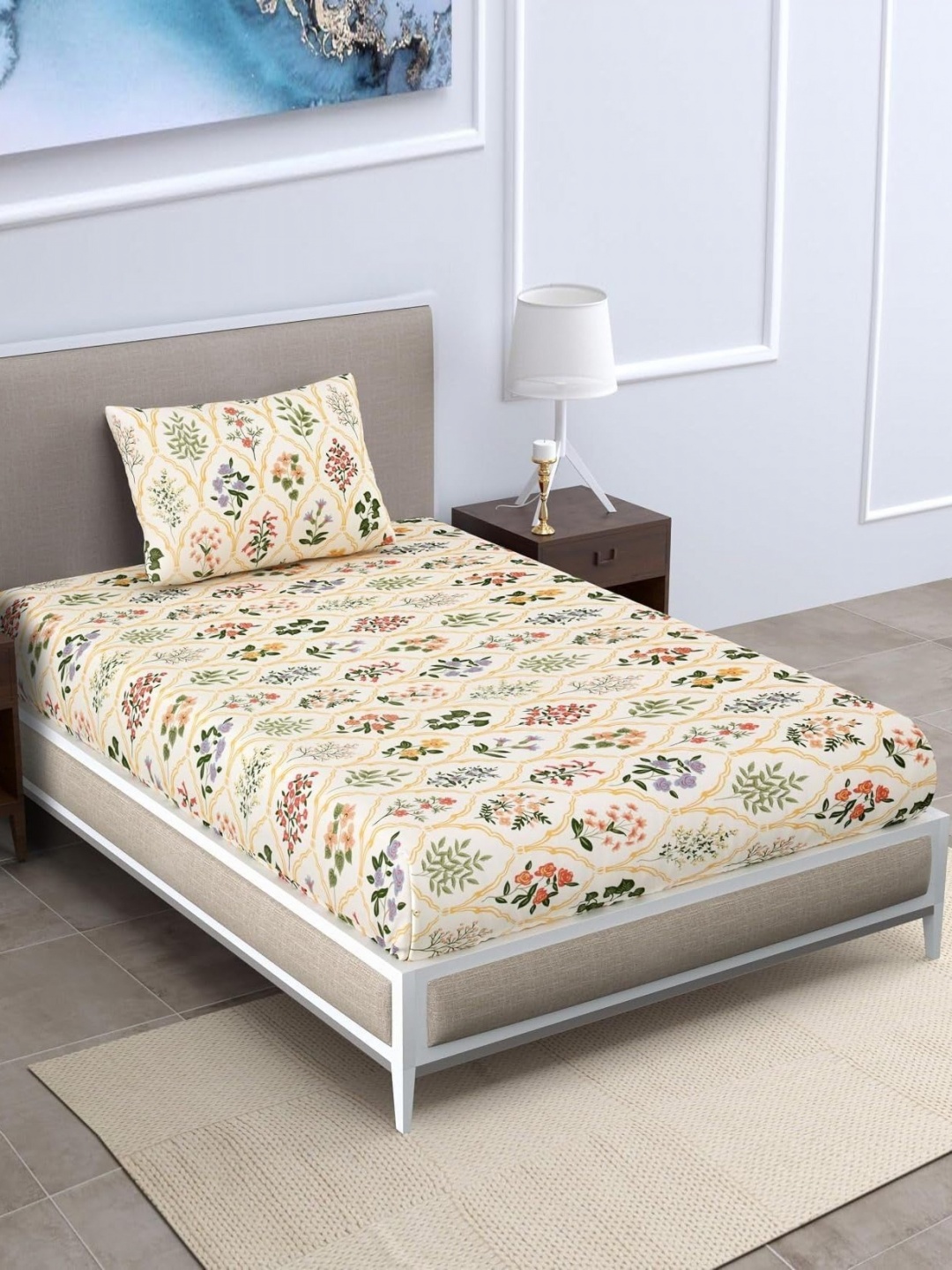 

RRC Cream-Coloured Floral 144 TC Single Bedsheet with 1 Pillow Covers