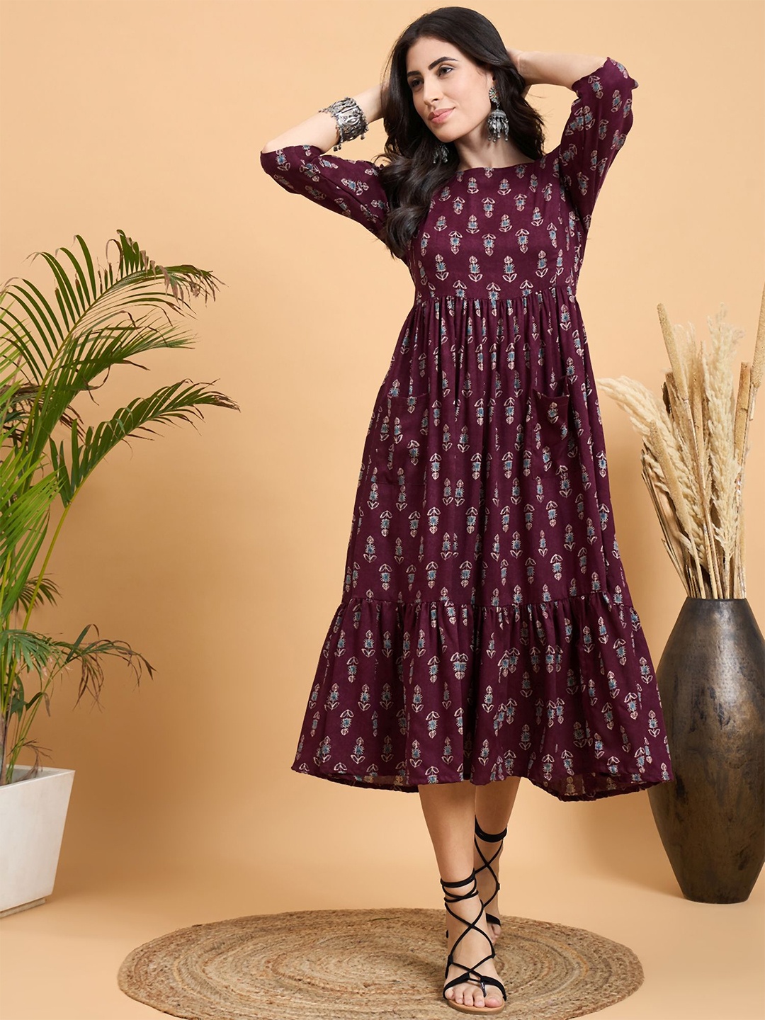 

InWeave Ethnic Motifs Print Empire Midi Dress, Purple
