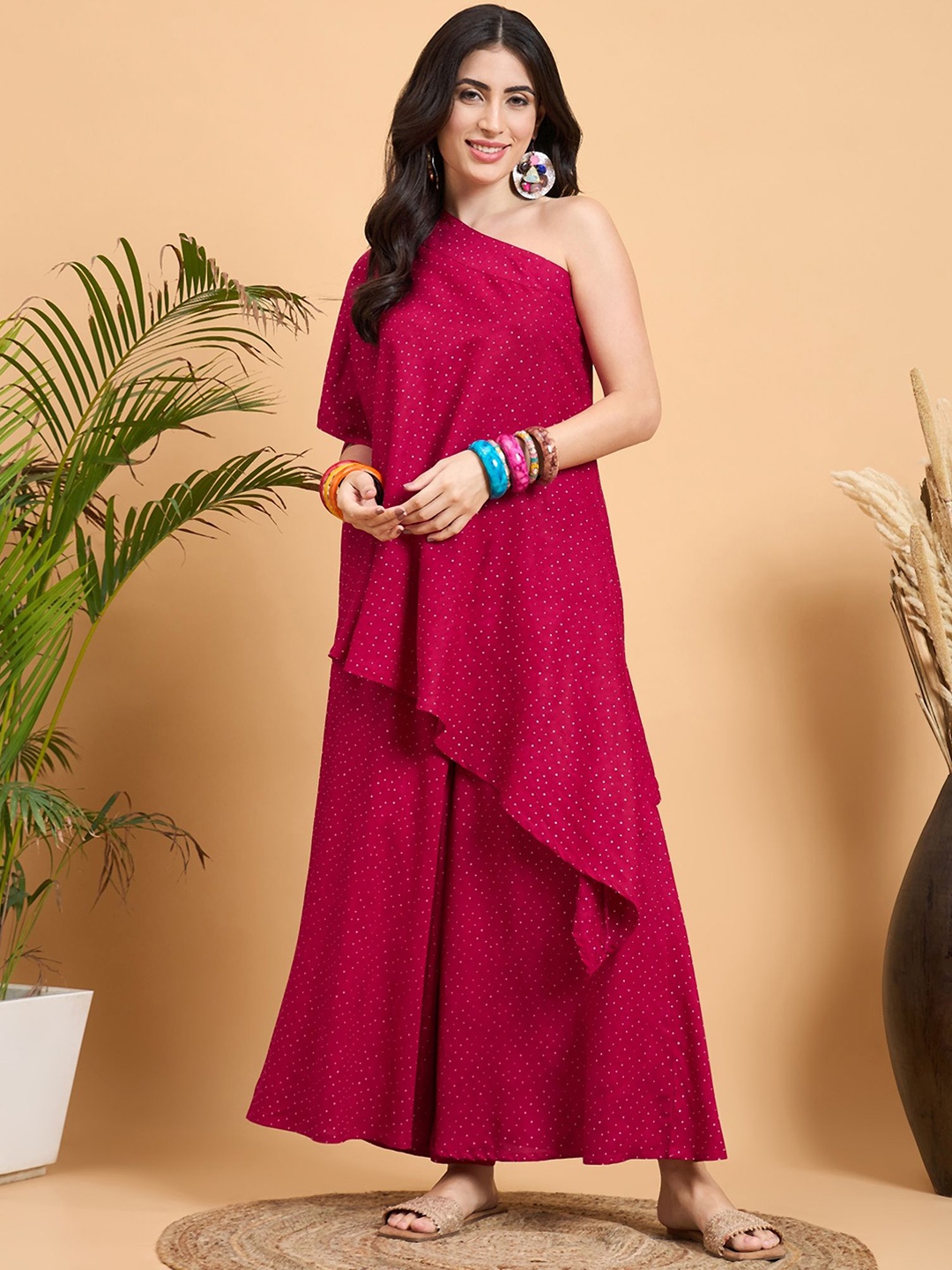 

InWeave Women Polka Dot Printed One Shoulder Kurta with Sharara, Pink