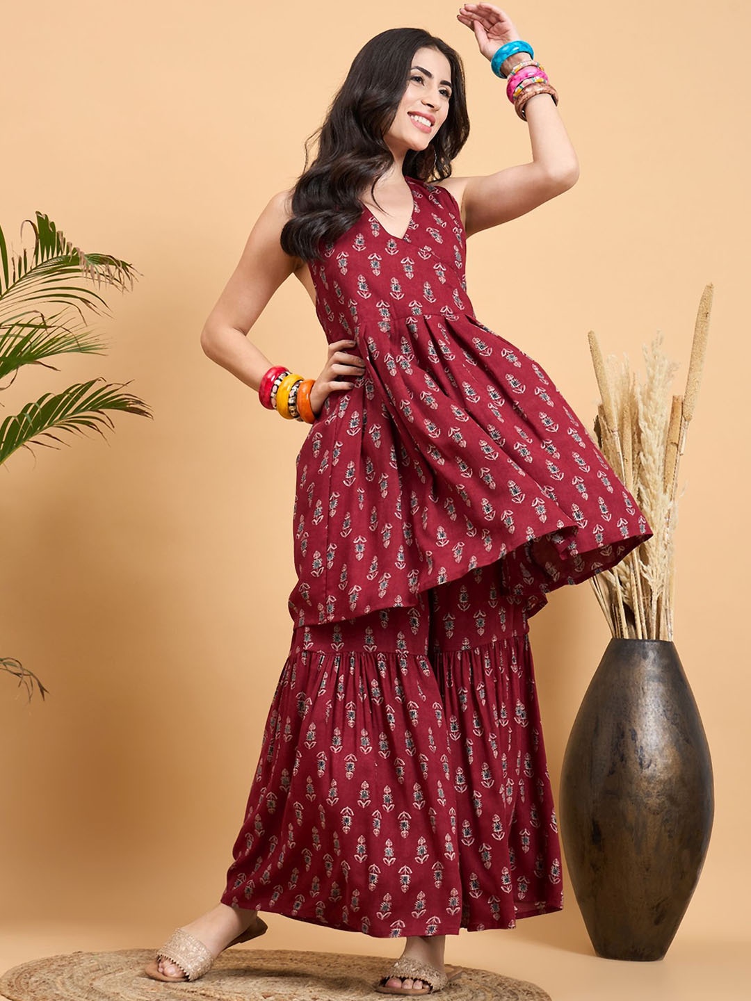 

InWeave Women Ethnic Motifs Printed Empire Kurta with Sharara, Maroon
