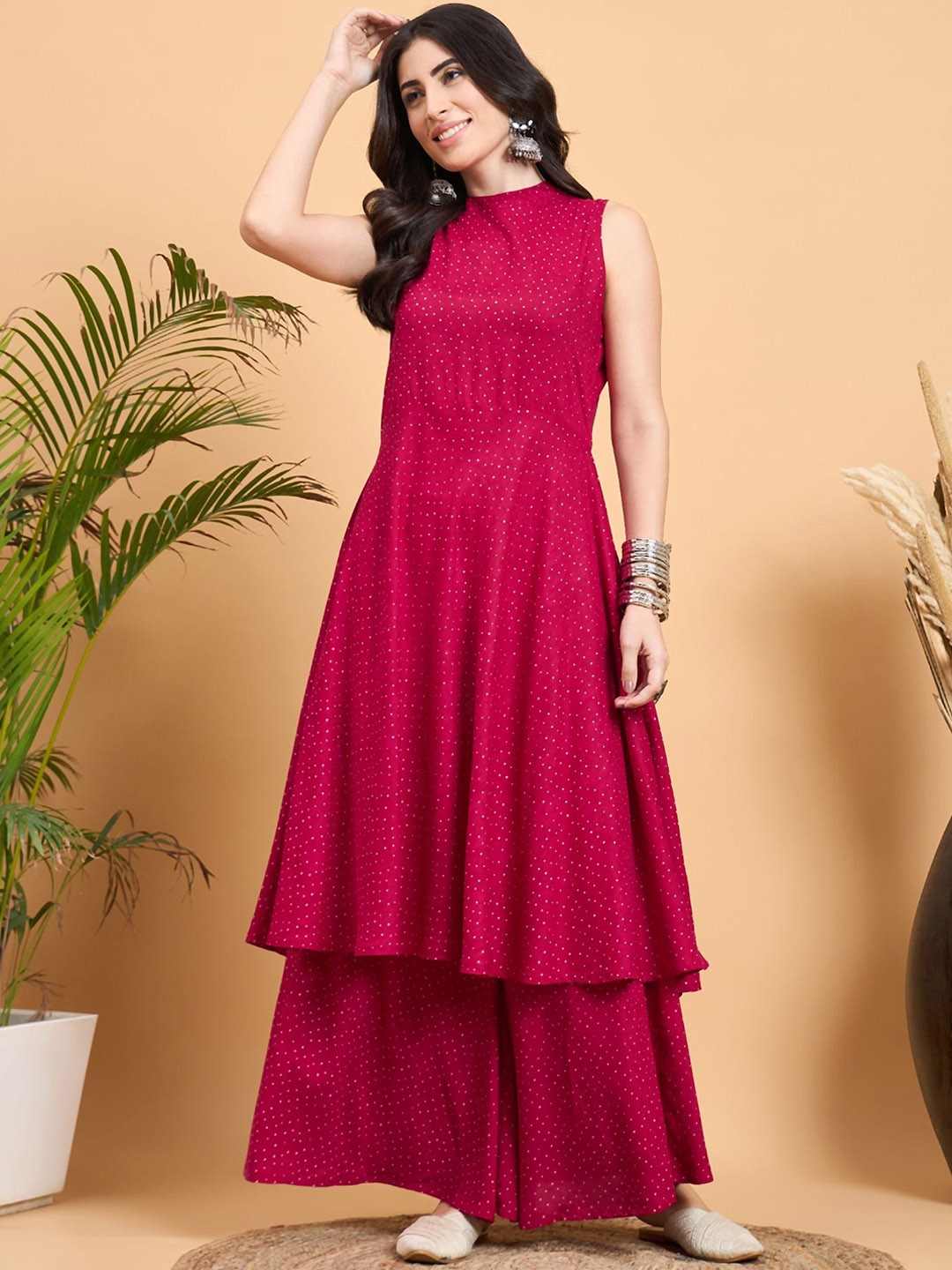

InWeave Polka Dots Printed Anarkali Kurta with Palazzos, Pink