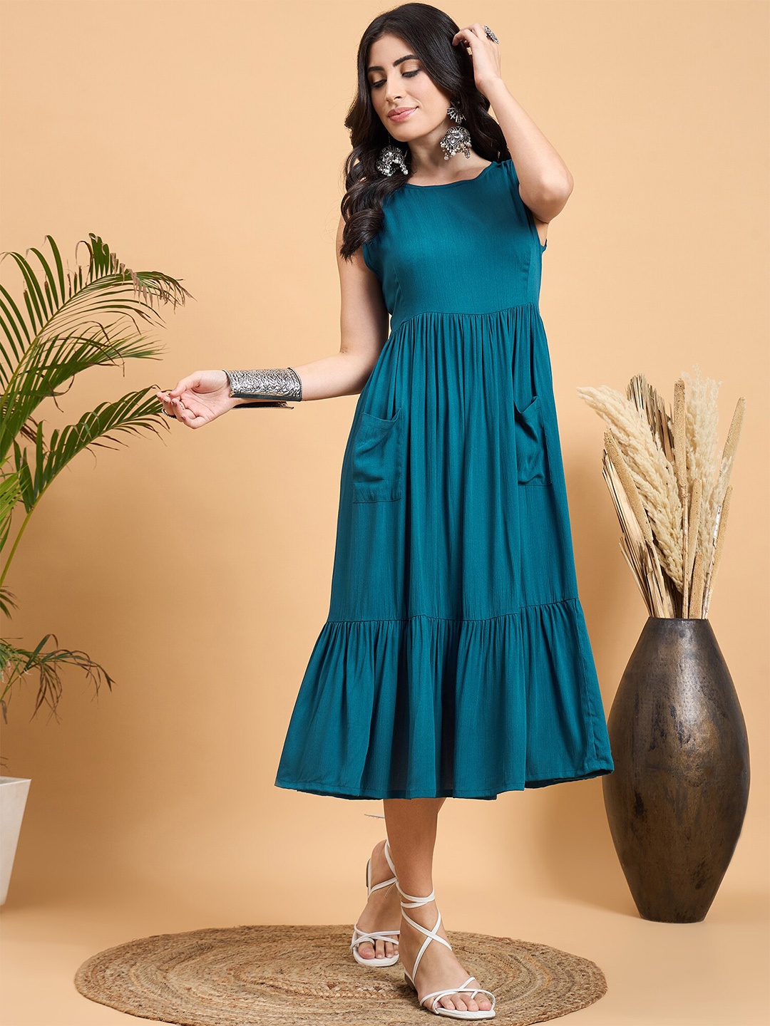 

InWeave Fit & Flare Midi Dress with Front Side Pokets, Blue