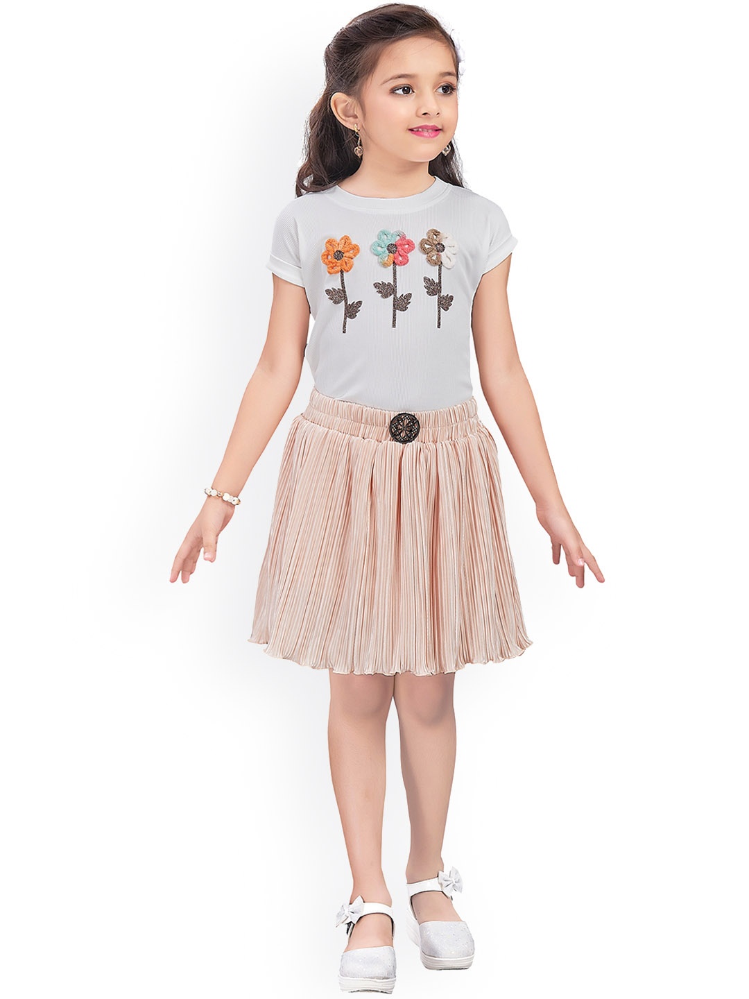 Wish Karo Girls Accordion Pleated Satin Flared Skirt, Peach