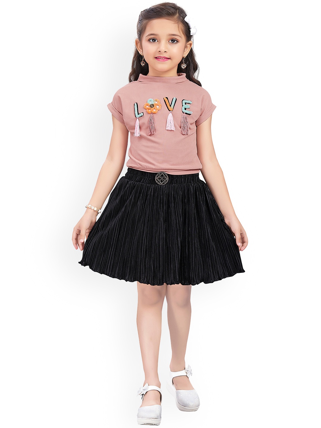 

Wish Karo Girls Accordion Pleated Satin Flared Skirt, Black