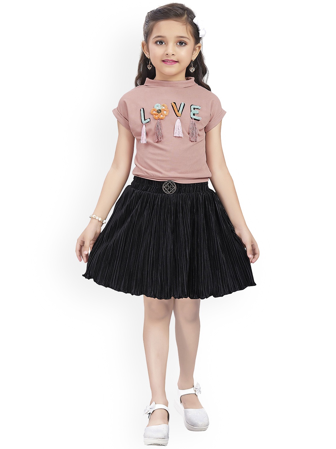 Wish Karo Girls Accordion Pleated Satin Flared Skirt, Black