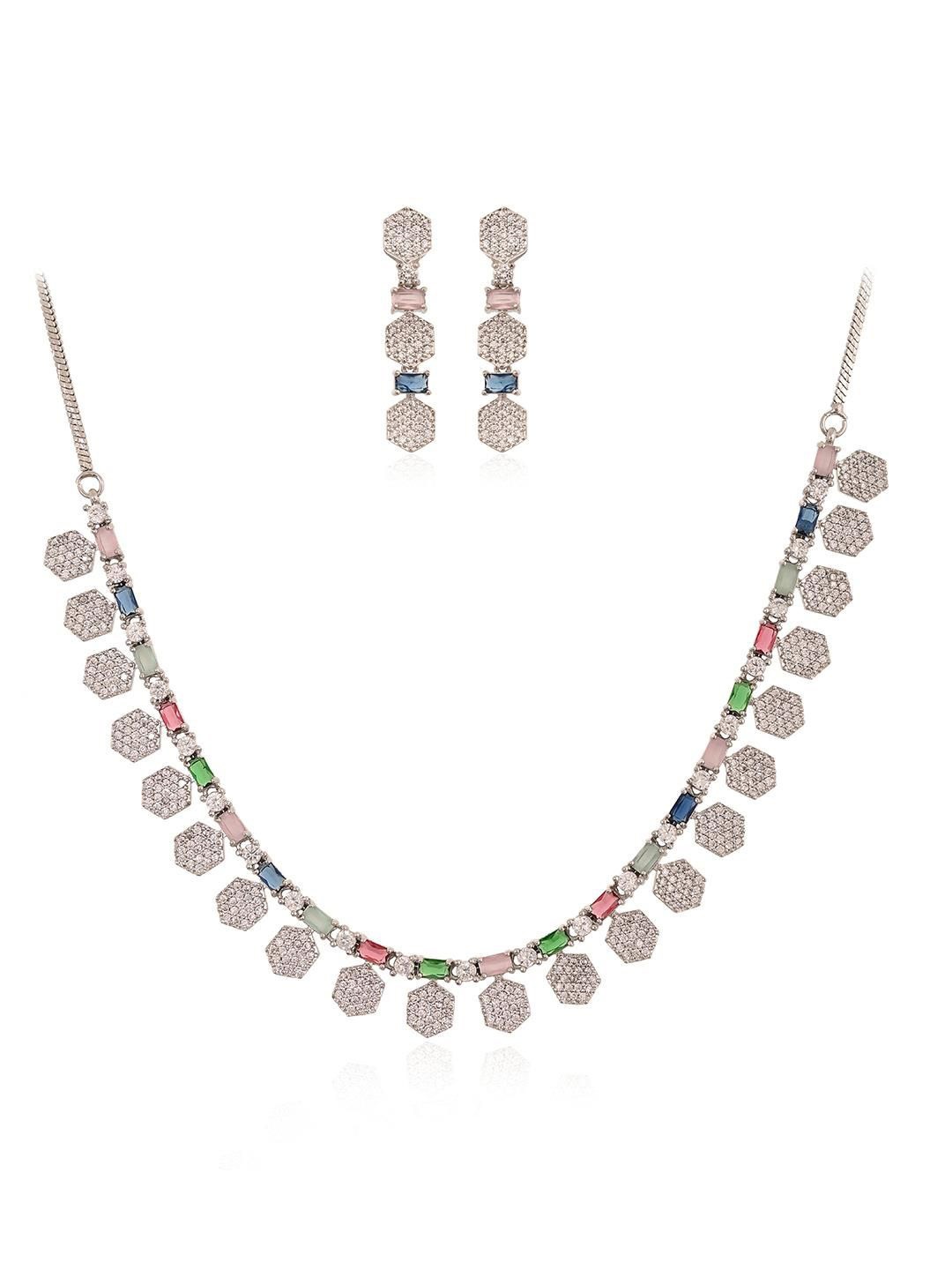 

RATNAVALI JEWELS Gold-Plated AD & CZ-Studded Necklace and Earrings, Silver