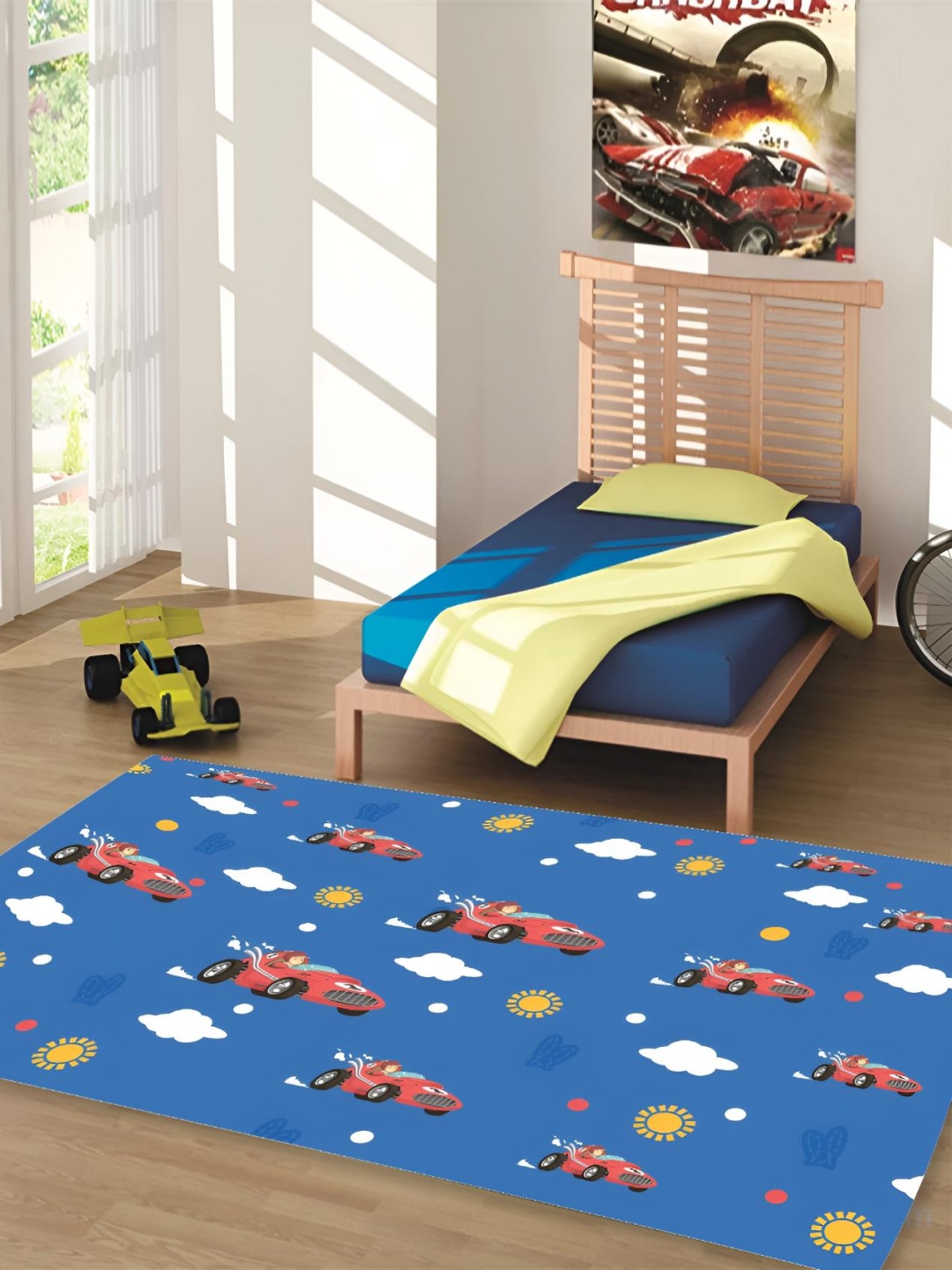 

MASU LIVING Kids Blue & Red Racing Car Printed Anti-Skid Floor Mat