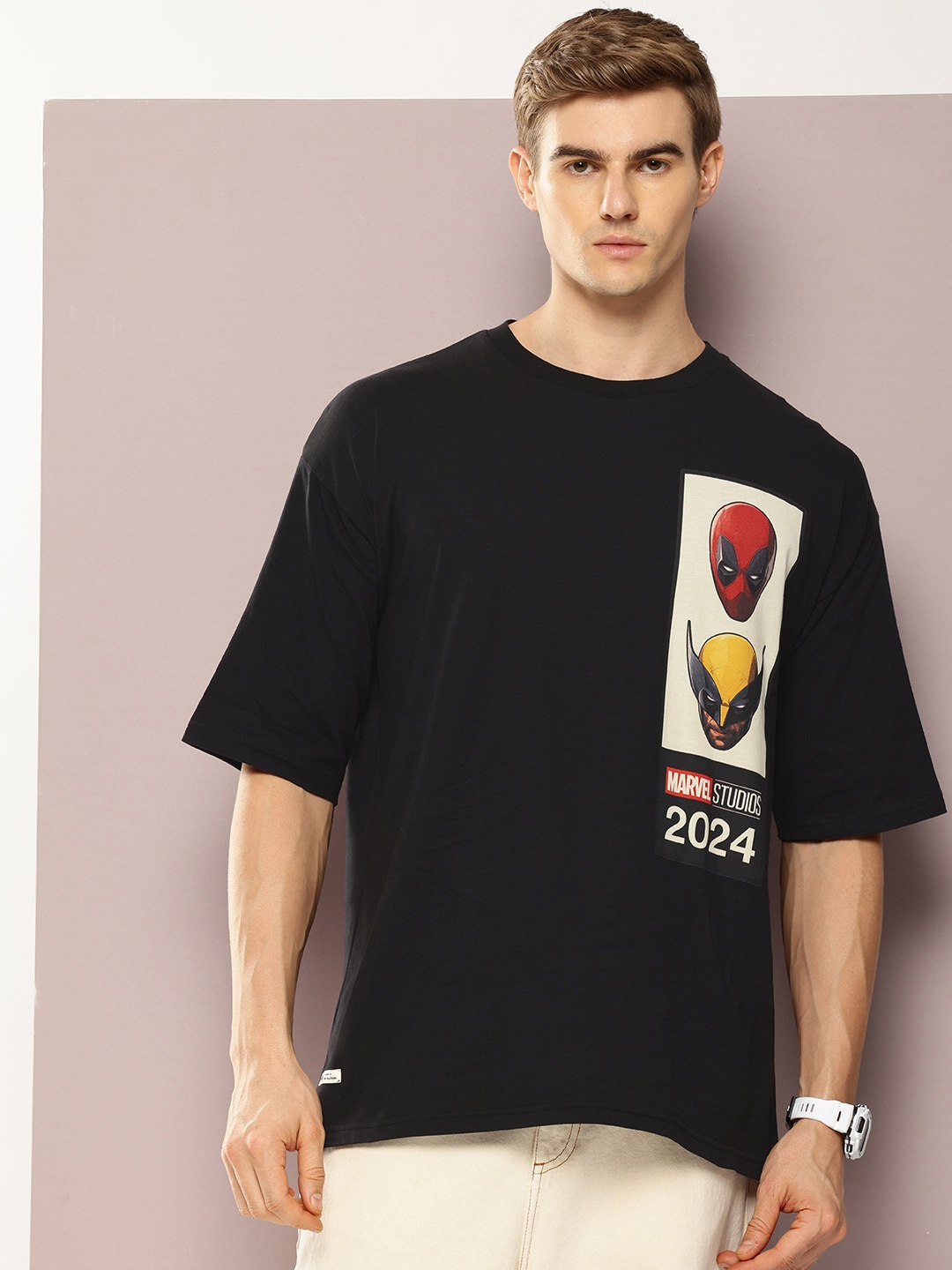 

Kook N Keech Marvel Men Deadpool Printed Drop-Shoulder Sleeves Oversized T-shirt, Black