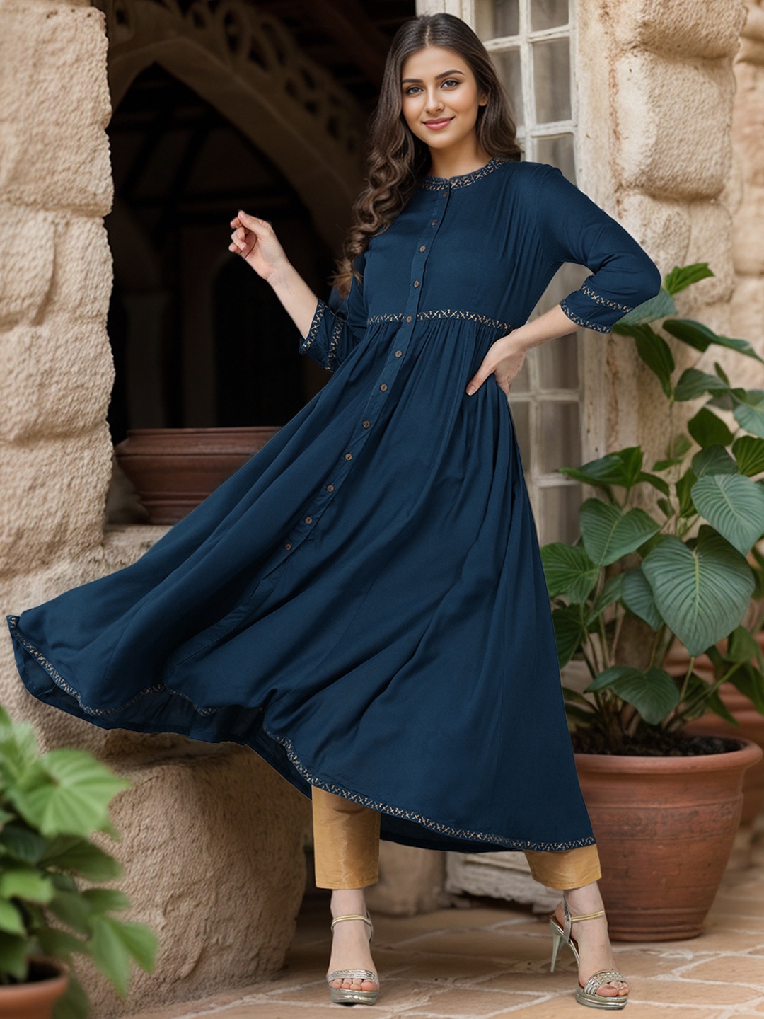 

Anouk Women Thread Work Anarkali Kurta, Teal