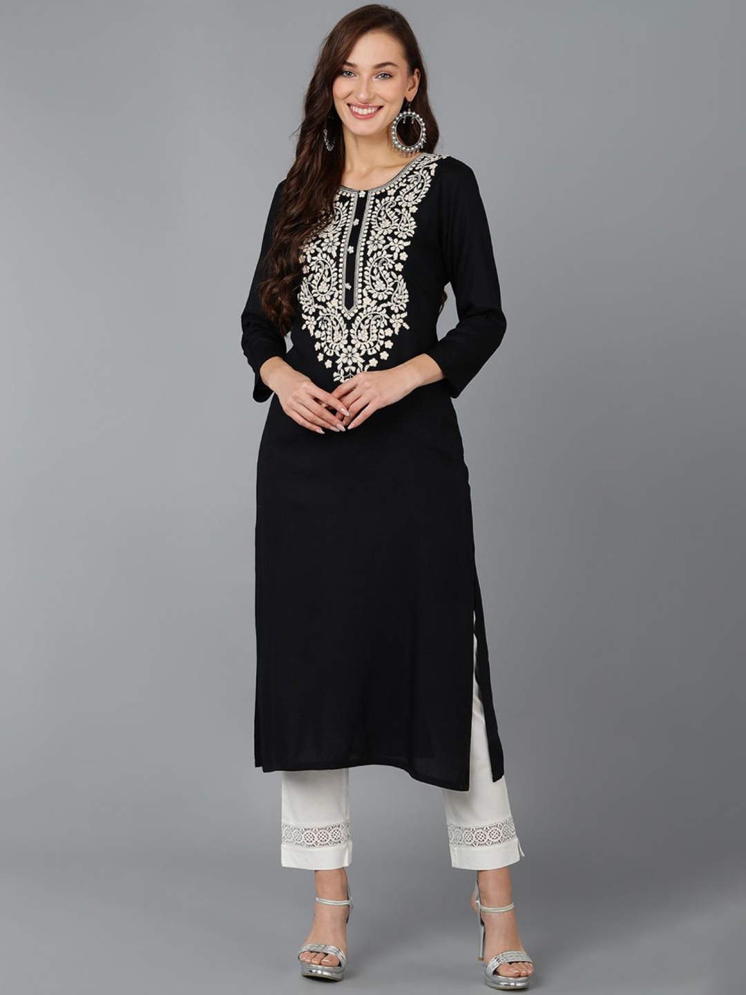 

Anouk Women Yoke Design Flared Sleeves Thread Work Kurta, Black