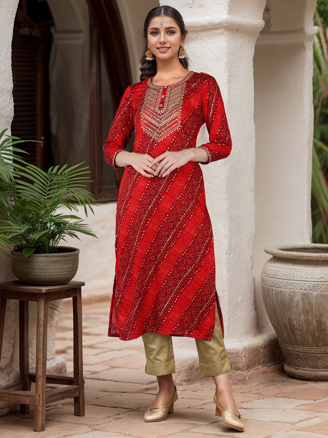 

Anouk Women Printed Leheriya Embroidered Kurta, Red