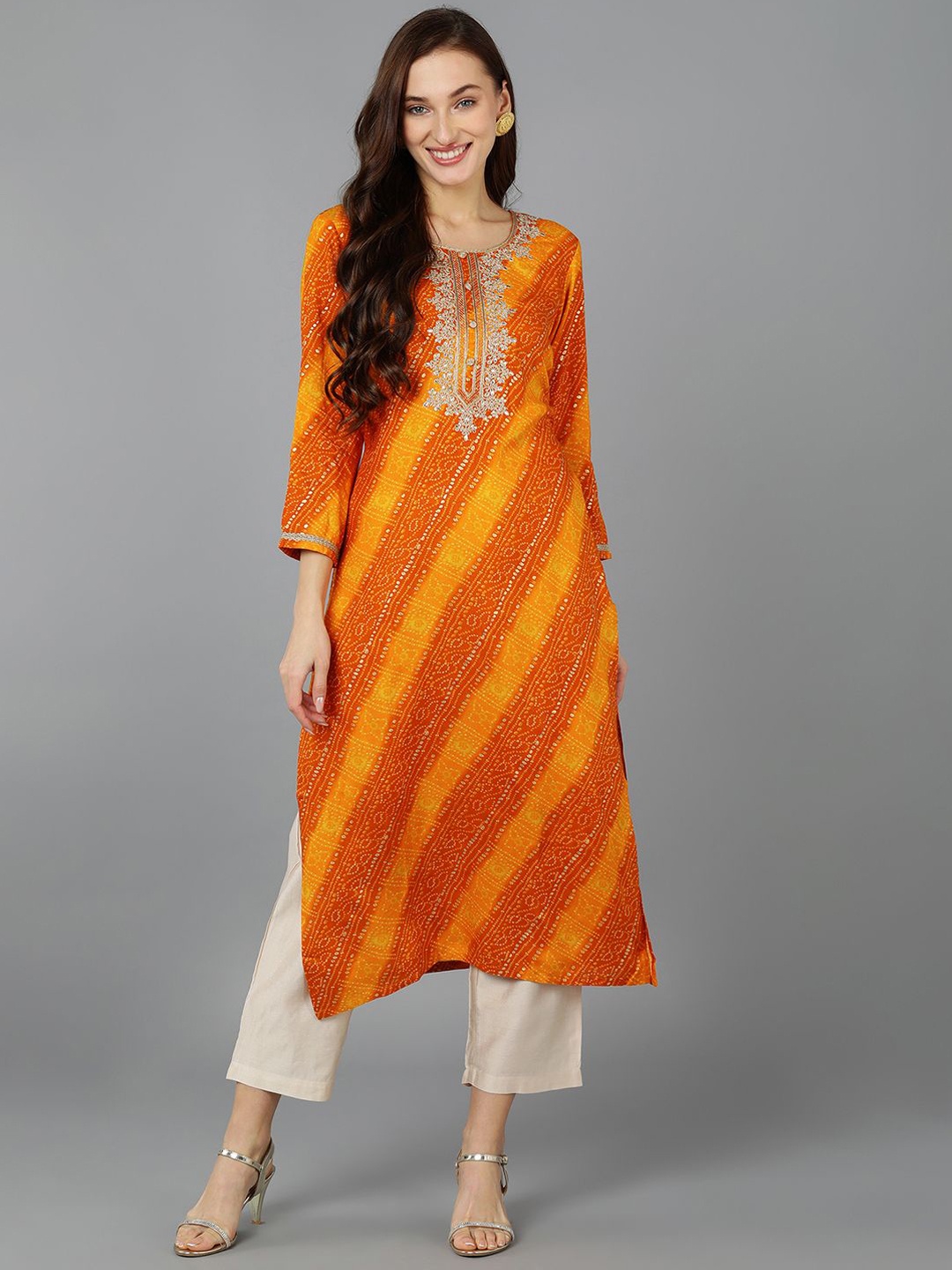 

Anouk Women Striped Keyhole Neck Flared Sleeves Sequinned Kurta, Navy blue
