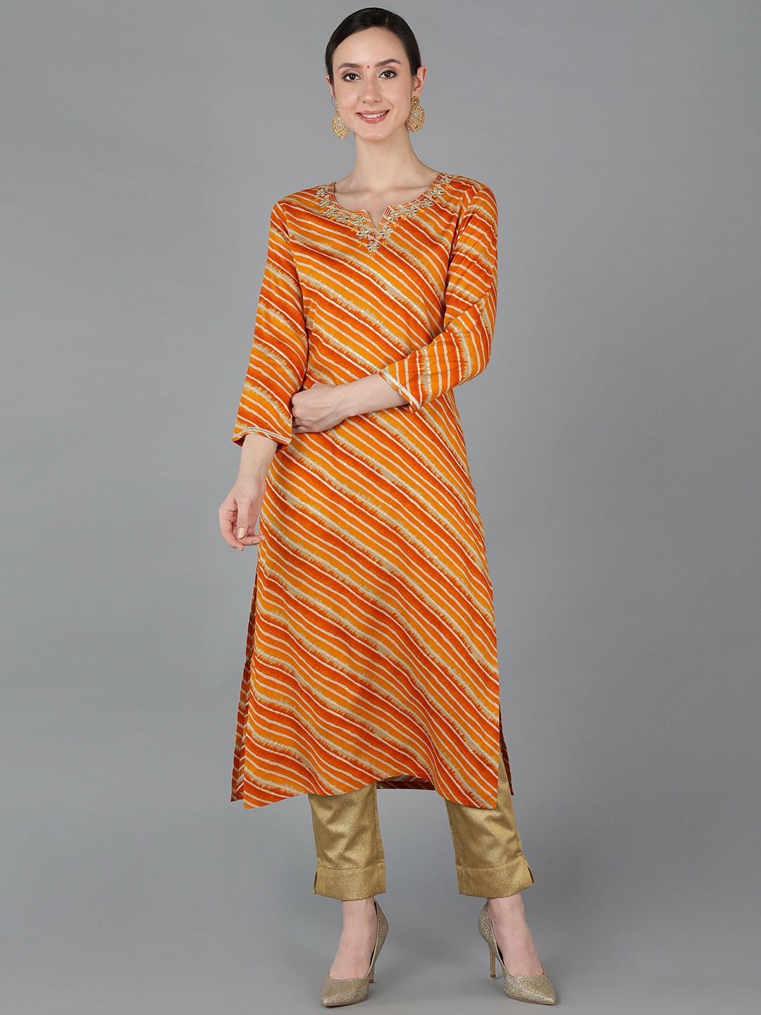 

Anouk Leheriya Printed Gotta Patti Chanderi Silk Straight Kurta, Orange