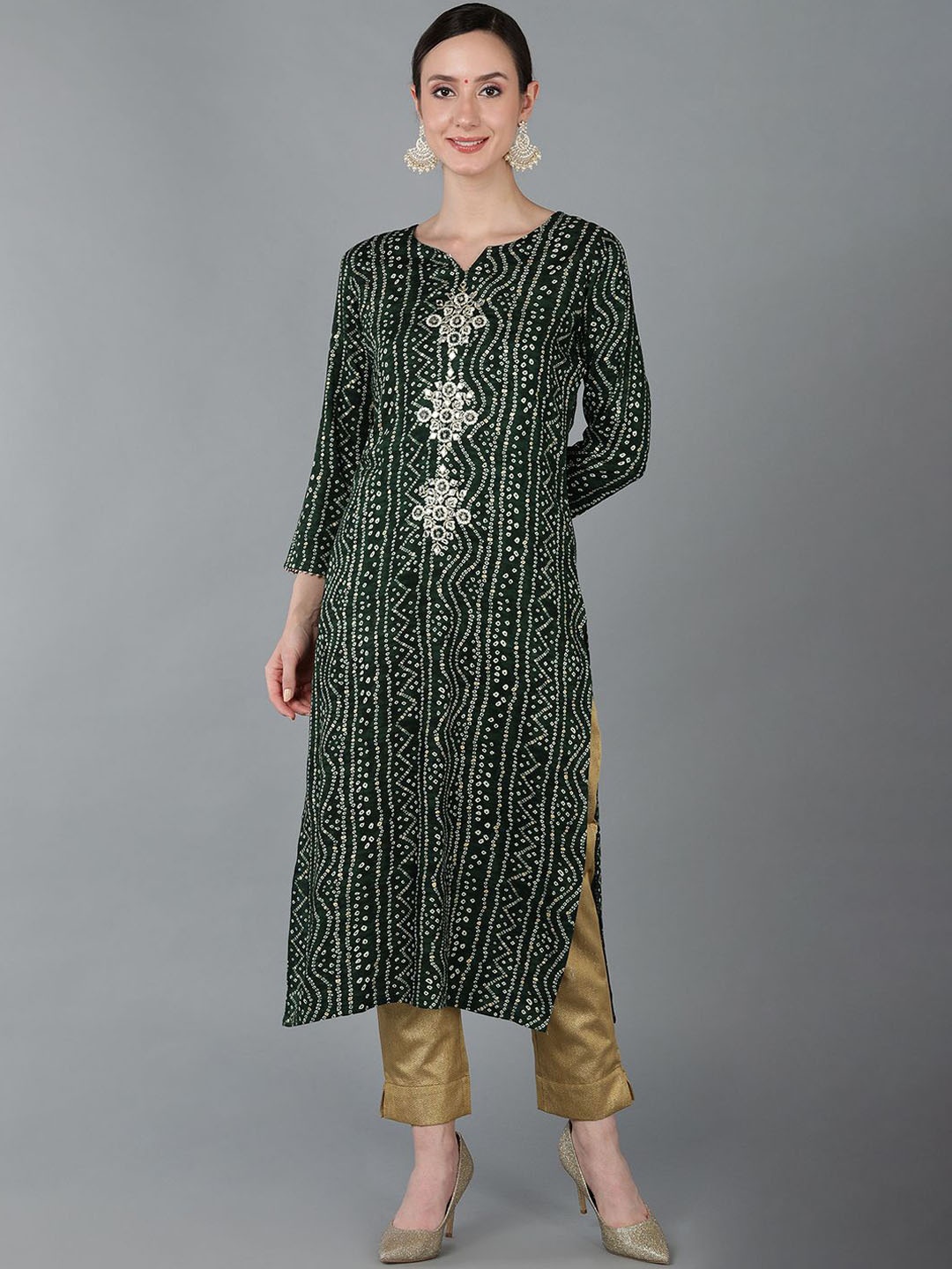 

Anouk Women Bandhani Printed Keyhole Neck Embroidered Kurta, Green