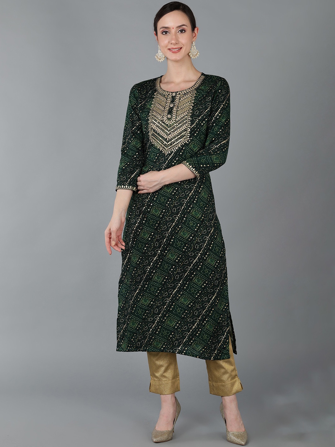 

Anouk Green Geometric Printed Gotta Patti Straight Kurta
