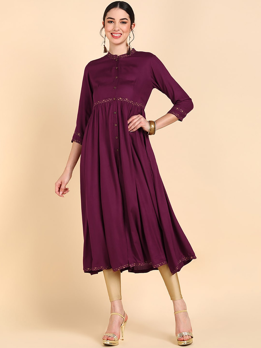 

Anouk Women Thread Work A-Line Solid Kurta, Burgundy