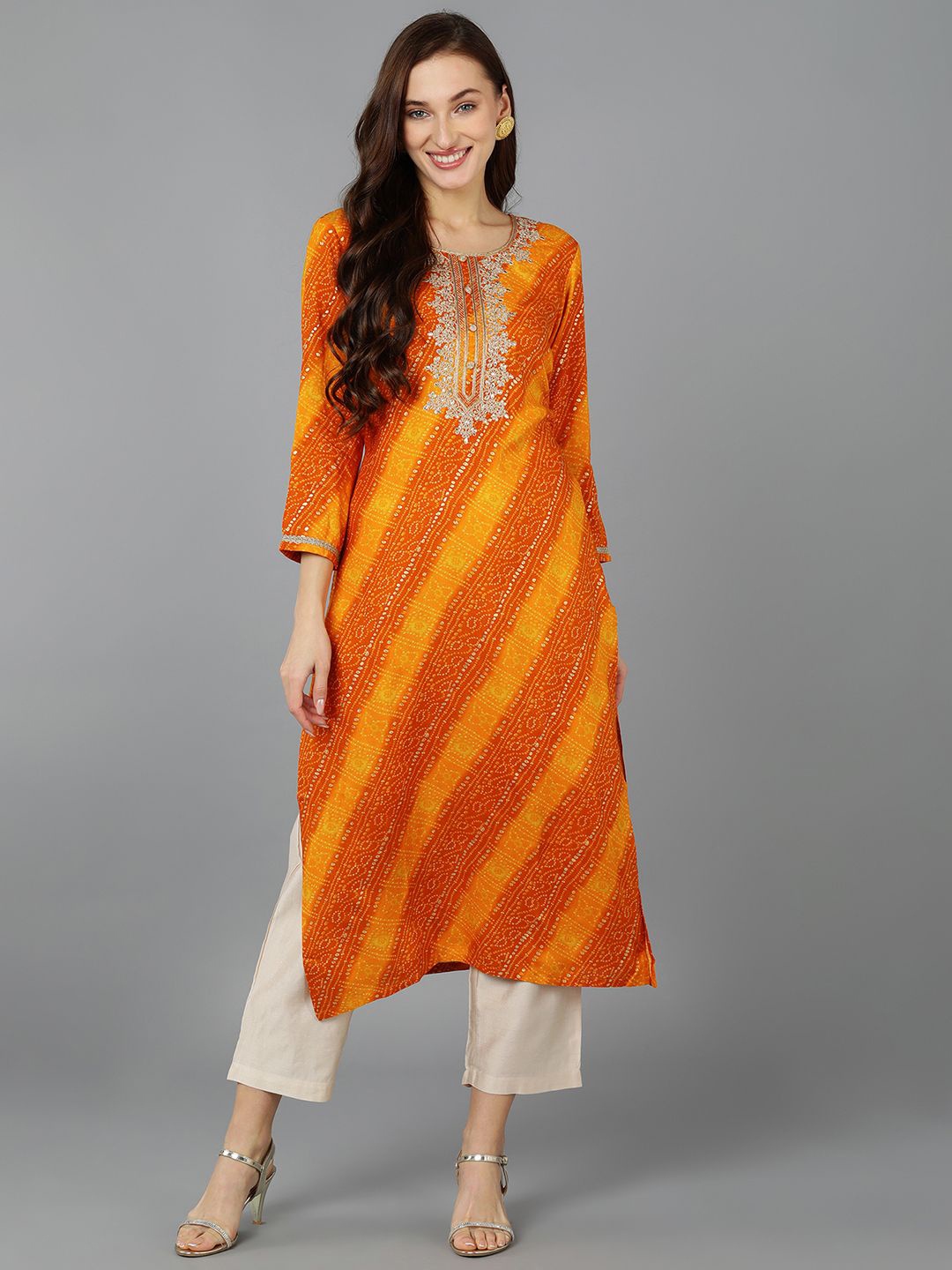 

Anouk Women Striped Keyhole Neck Flared Sleeves Sequinned Kurta, Orange