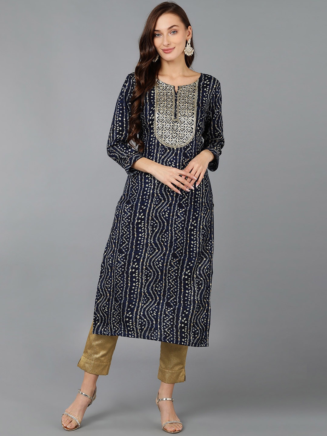 

Anouk Women Geometric Striped Sequinned Kurta, Navy blue