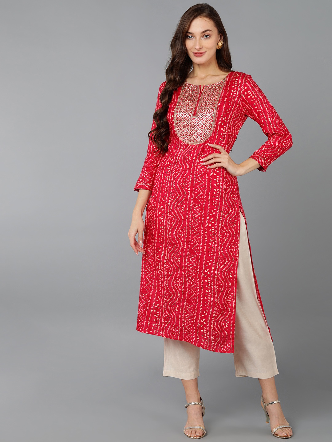 

Anouk Pink Bandhani Printed Yoke Design Round Neck Regular Straight Sequins Kurta