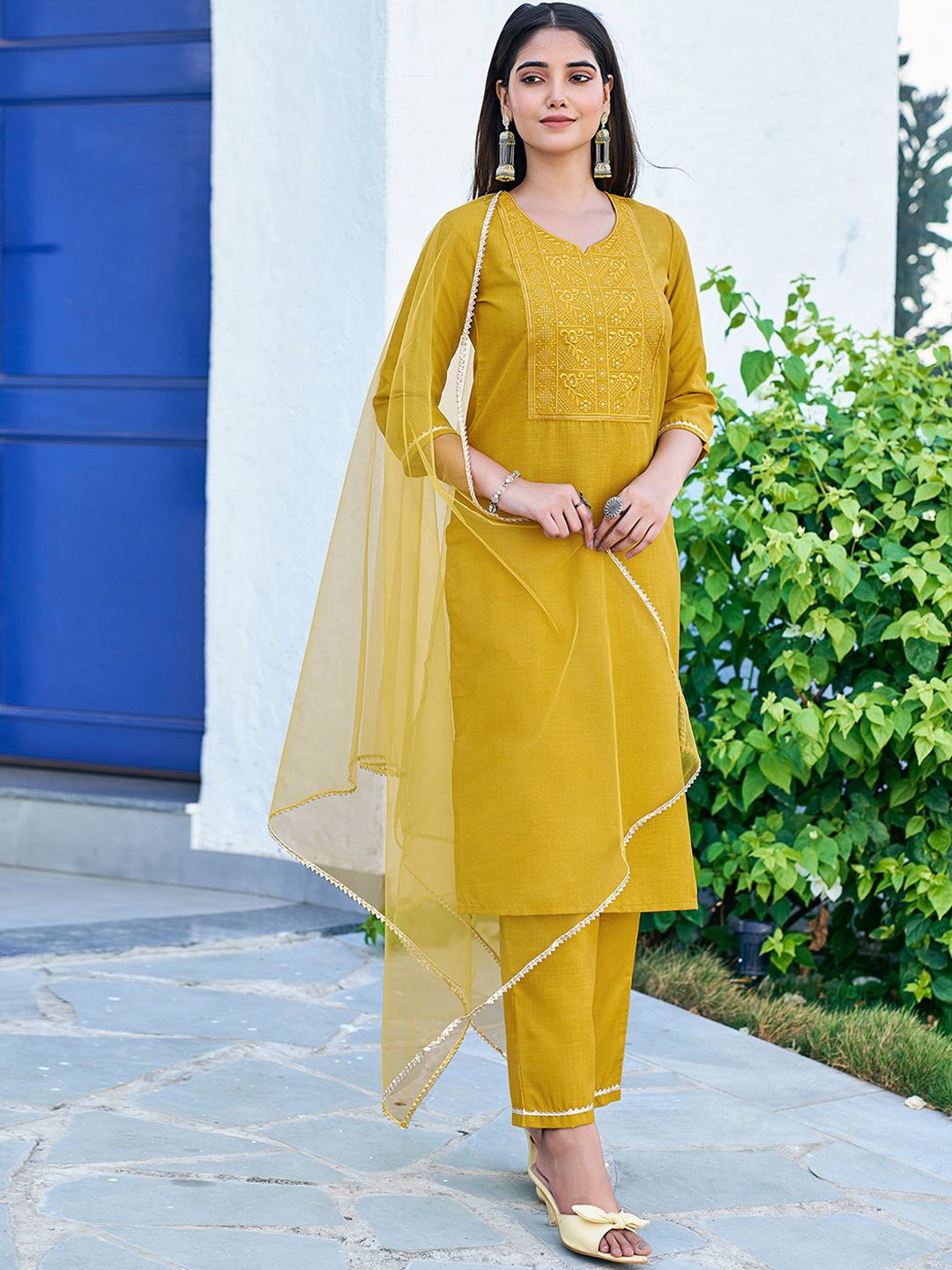 

KALINI Women Embroidered Sequinned Kurta with Trousers & Dupatta, Mustard