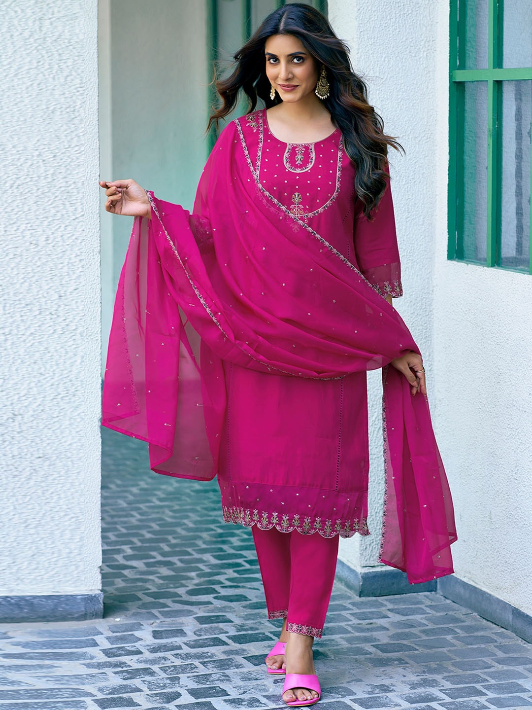 

KALINI Floral Embroidered Sequinned Straight Kurta With Trousers & Dupatta, Pink