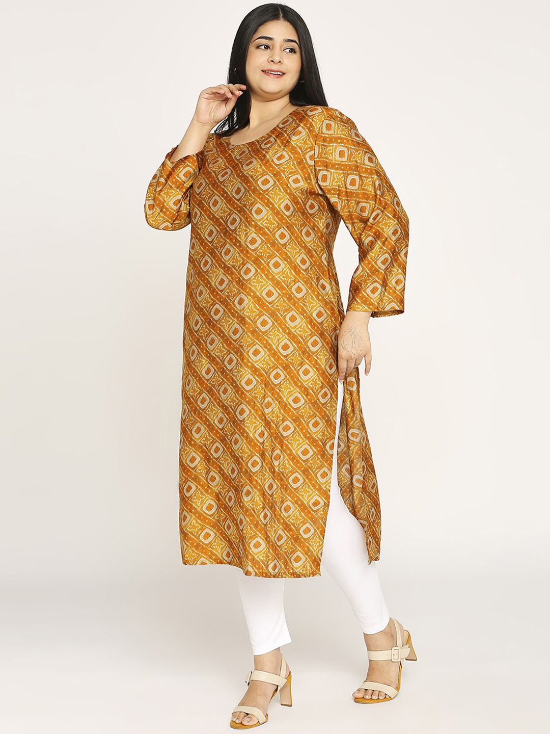 

ZRI Plus Size Women Bandhani Printed Kurta, Mustard