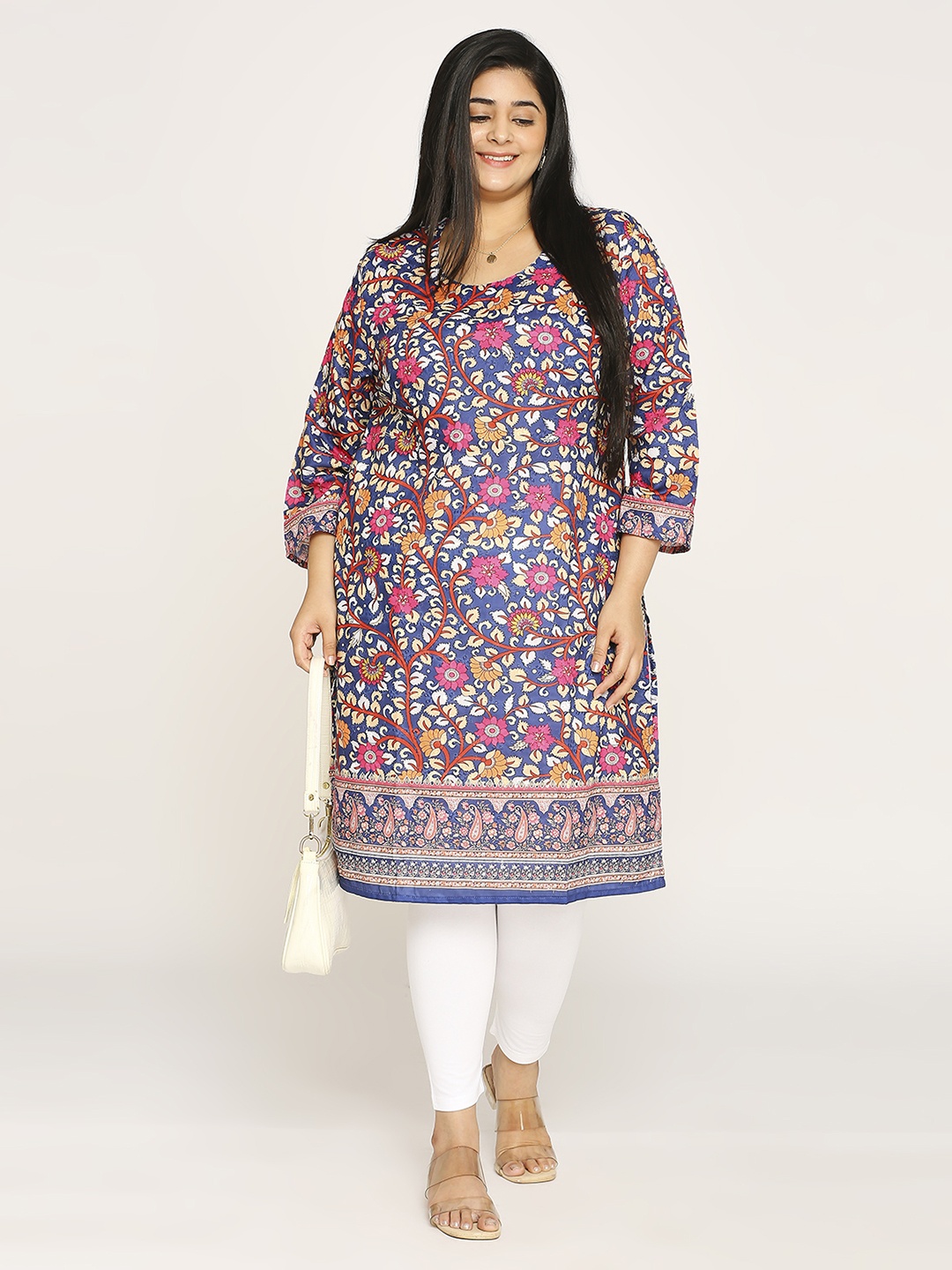 

ZRI Plus Size Floral Printed Thread Work Straight Kurta, Blue