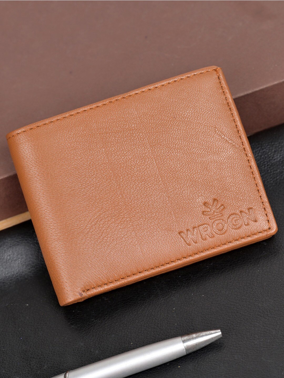 

WROGN Men Textured Leather Two Fold Wallet, Tan