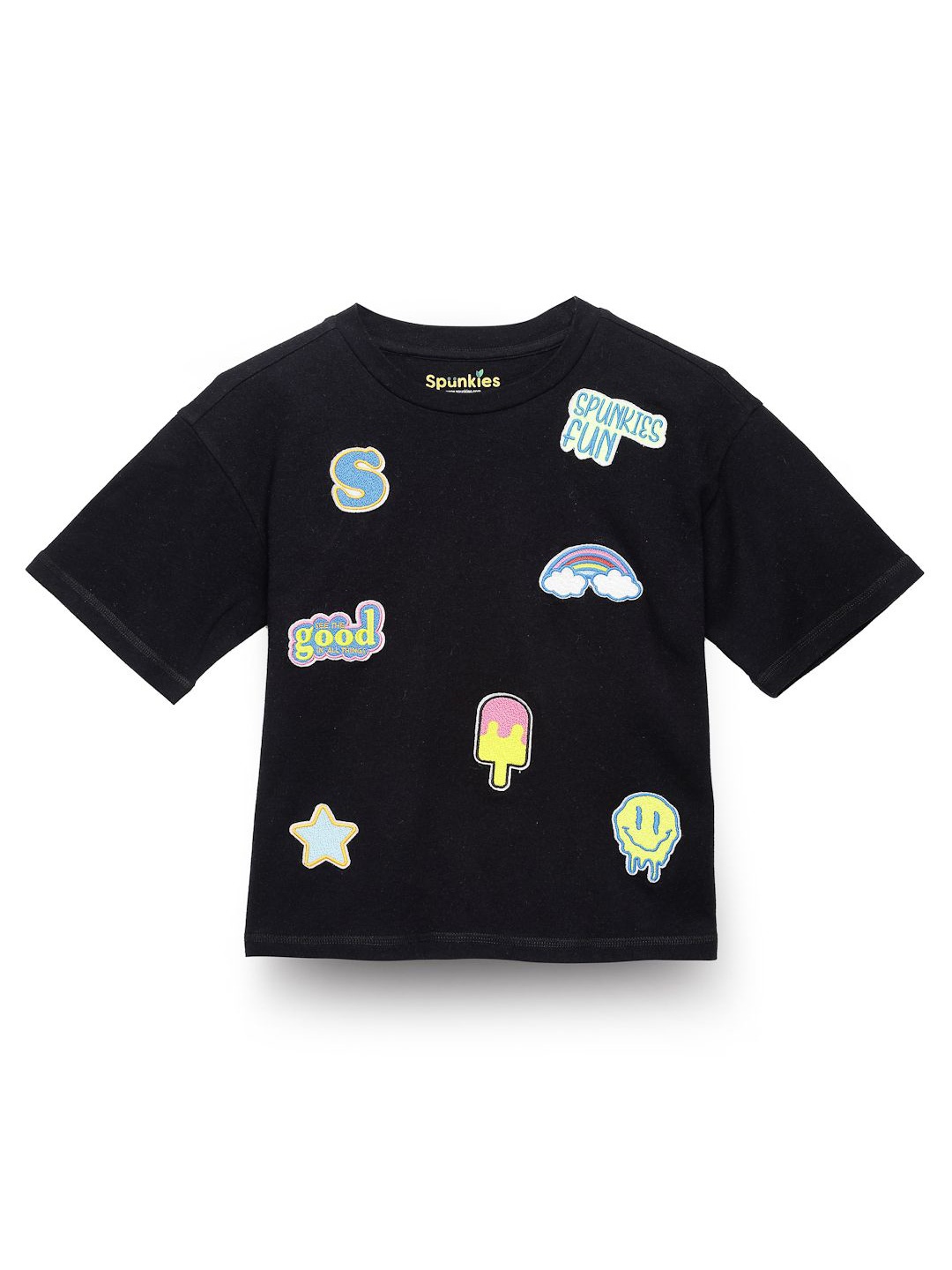 

SPUNKIES Girls Cotton Graphic Printed Top, Black