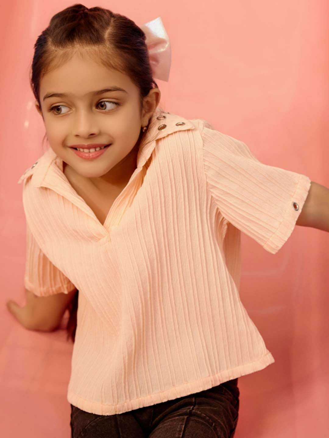 

SPUNKIES Girls Cotton Shirt Collar Vertical Stripes Top, Peach